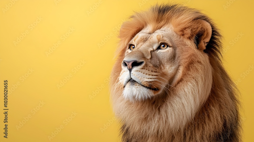 Powerful and Captivating Headshot of a Lion with a Striking Golden Yellow Digital Monochromatic Background Showcasing the Animal s Intense and Regal Expression Under Studio Lighting Powerful and Captivating Headshot of a Lion with a Striking Golden Yellow Digital Monochromatic Background Showcasing the Animal s Intense and Regal Expression Under Studio Lighting