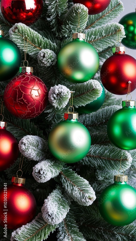 Red and green ornaments on frosted tree background for invitation or card screensaver Red and green ornaments on frosted tree background for invitation or card screensaver