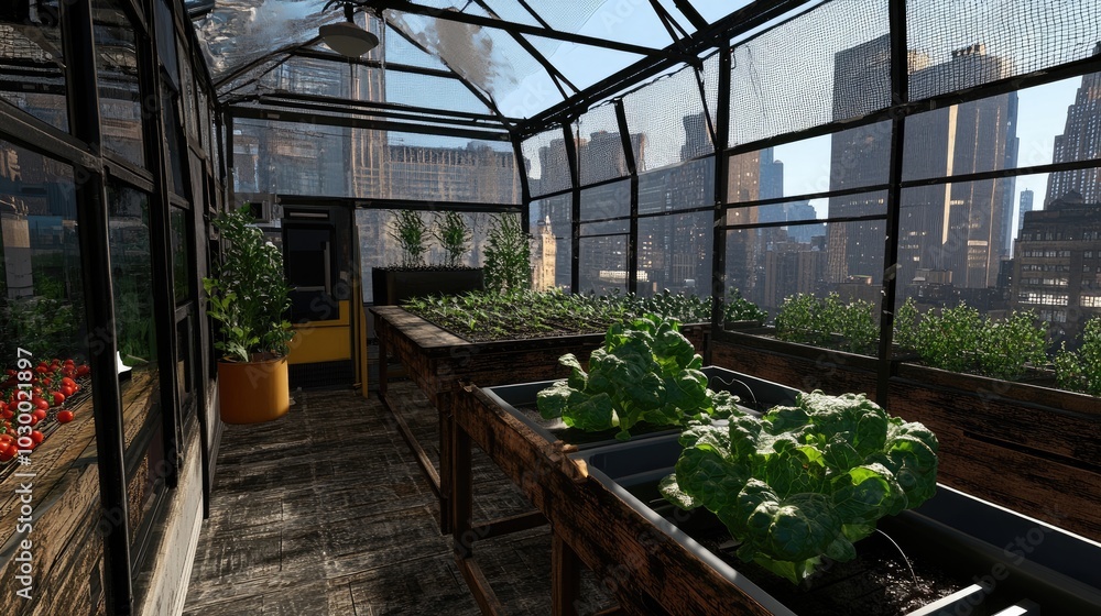 Urban Greenhouse with City Skyline View Urban Greenhouse with City Skyline View