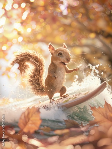 3D illustration of a squirrel on a surfboard photo