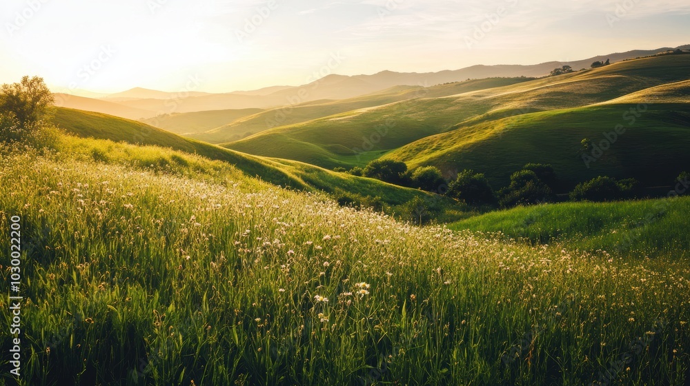 Obraz premium Serene Rolling Green Hills with Wildflowers