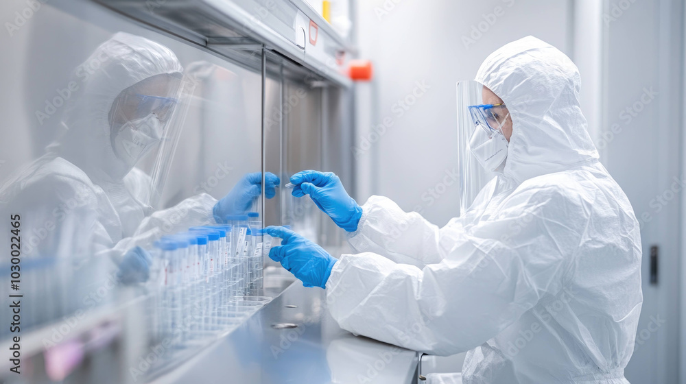 scientist in protective suit carefully labels samples in laboratory, showcasing commitment to safety and precision in research scientist in protective suit carefully labels samples in laboratory, showcasing commitment to safety and precision in research