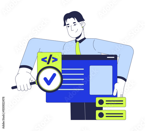 Tester searching bug in software 2D illustration concept. Developer engineer holding magnifying glass cartoon character isolated on white. Syntax code assessment metaphor abstract flat vector graphic