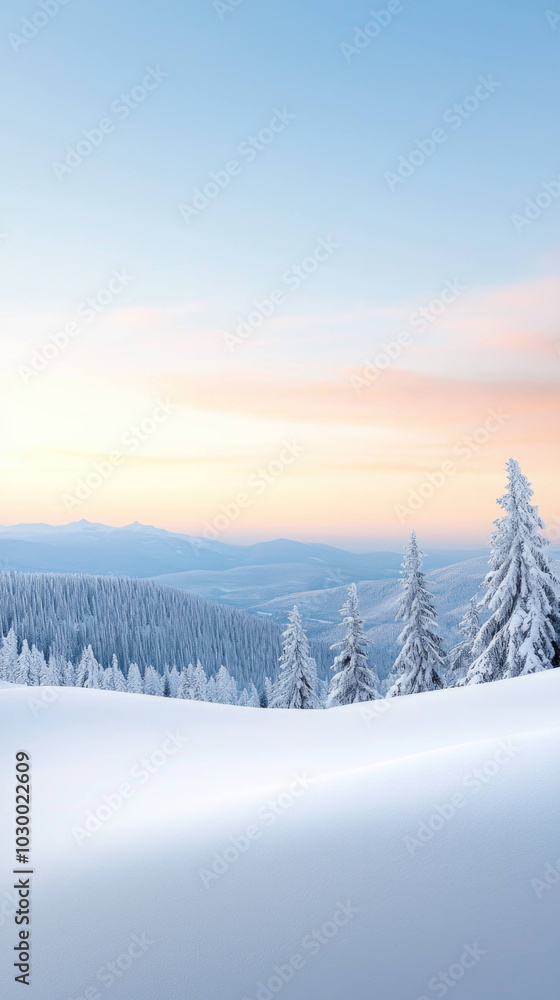 serene winter landscape with snow covered pine trees and pastel sky. tranquil scene evokes sense of peace and beauty in natures winter wonderland serene winter landscape with snow covered pine trees and pastel sky. tranquil scene evokes sense of peace and beauty in natures winter wonderland