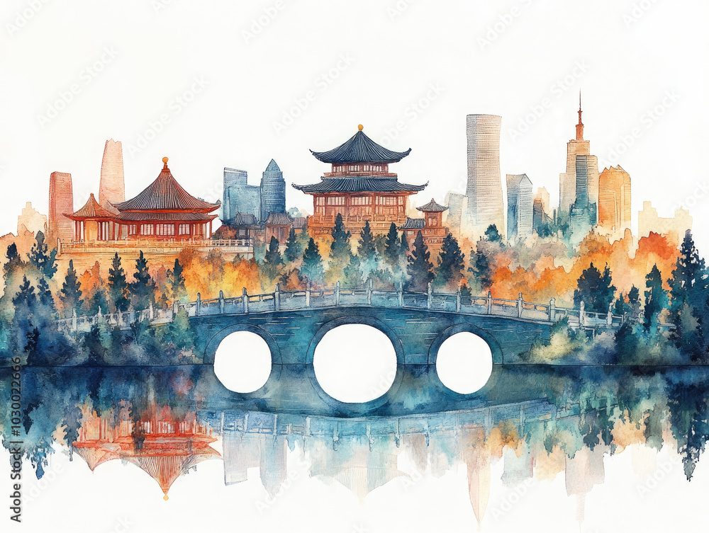 Obraz premium Colorful skyline of modern and traditional Chinese architecture