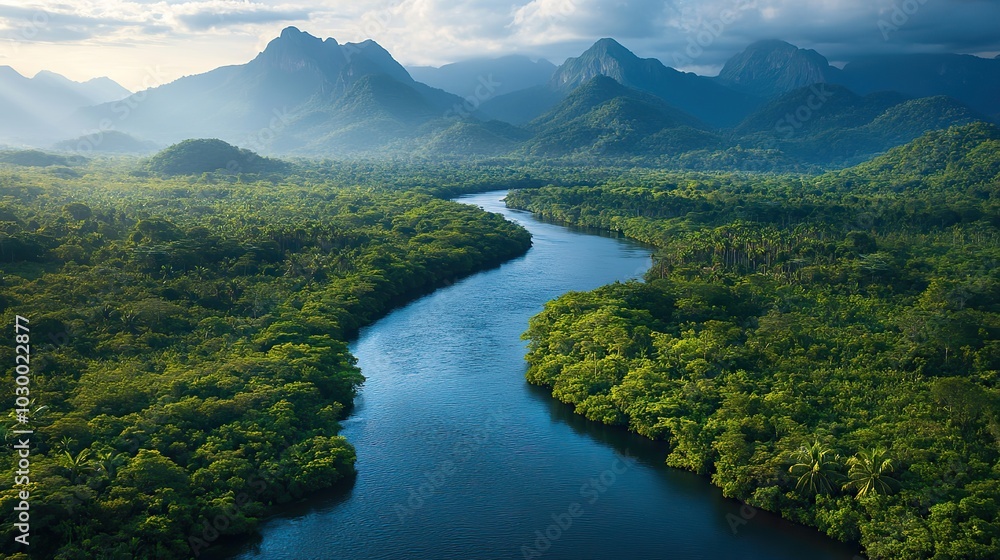 A river winds through a lush, tropical forest beneath towering mountains. A river winds through a lush, tropical forest beneath towering mountains.
