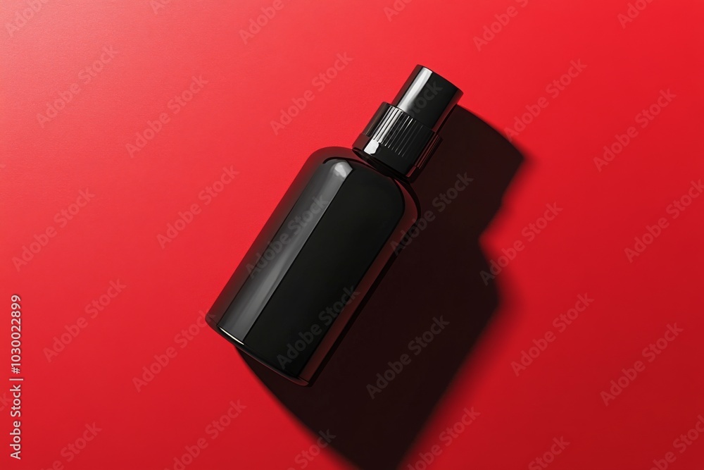 Black cosmetic bottle mockup on minimalist red background Black cosmetic bottle mockup on minimalist red background