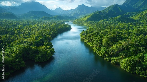 A river winds through a lush, tropical forest beneath towering mountains.