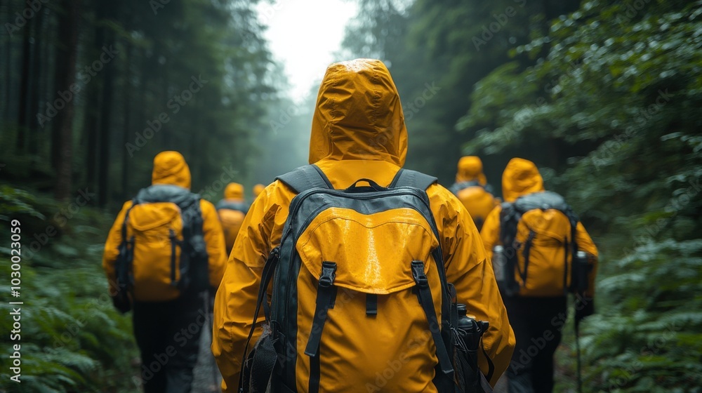 A group of people in yellow raincoats hike through a misty forest. A group of people in yellow raincoats hike through a misty forest.