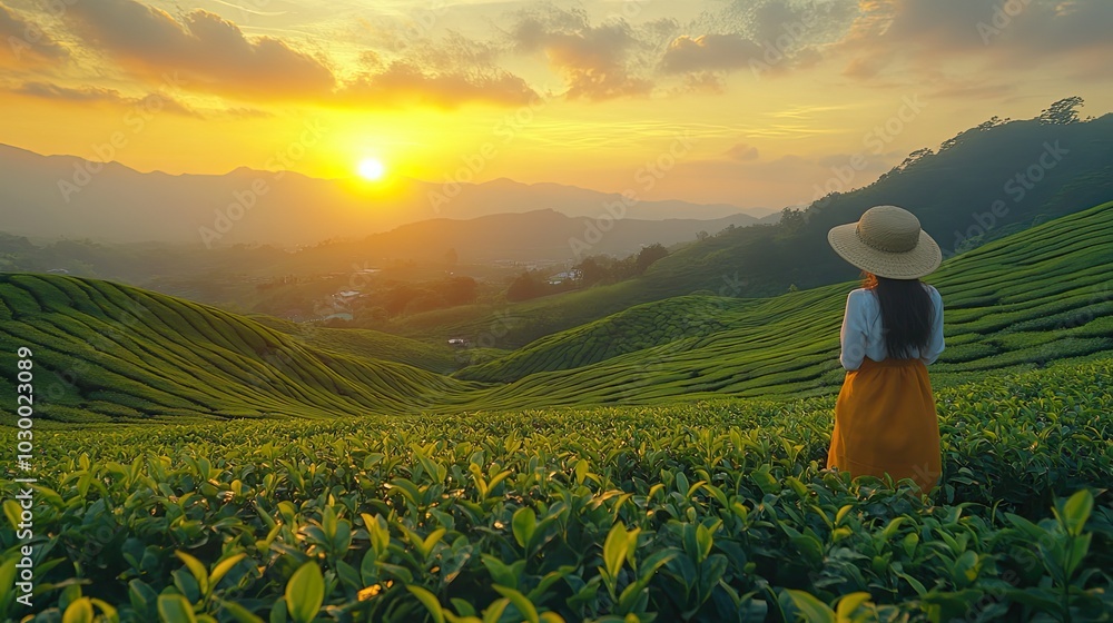 Fototapeta premium At sunset, an organic tea plantation sprawls beautifully against a natural backdrop.
