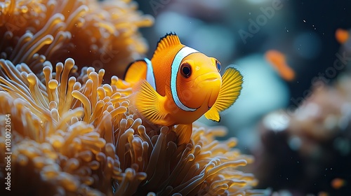 An orange anemone fish swims near its host plant in a vibrant undersea tableau. photo