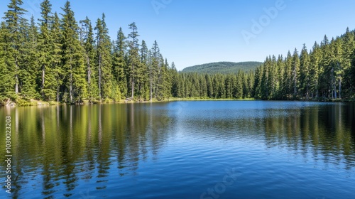 Serene Lake Surrounded by Towering Pine Trees