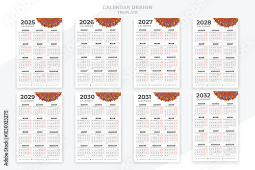 One page 2025 2032 years calendar Print ready set collection design