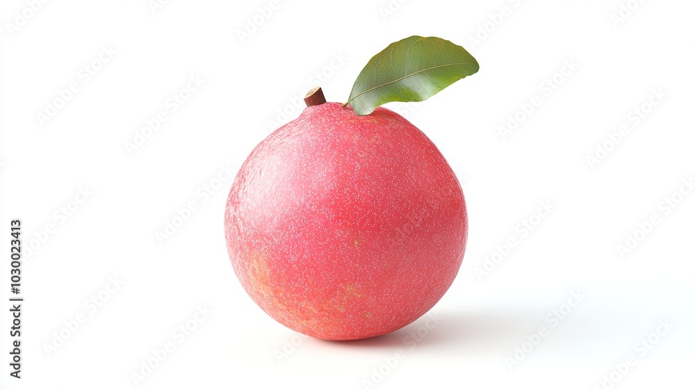 Isolated on a pristine white backdrop, a vibrant guava fruit beckons with its luscious pink flesh. Its verdant leaf provides a subtle contrast, highlighting the fruit's natural beauty Isolated on a pristine white backdrop, a vibrant guava fruit beckons with its luscious pink flesh. Its verdant leaf provides a subtle contrast, highlighting the fruit's natural beauty