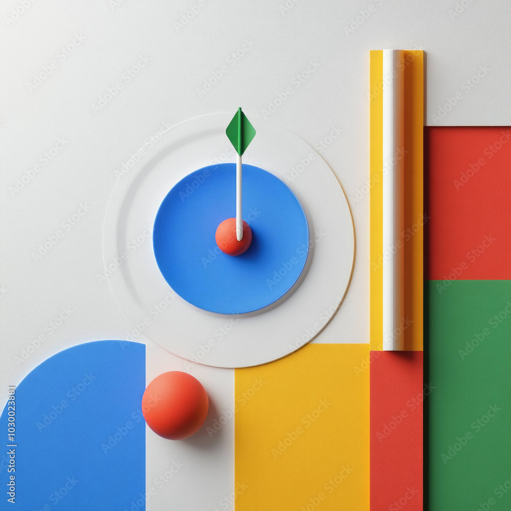 abstract representation featuring geometric shapes and vibrant colors, including blue circle, red sphere, and green and yellow elements, creating playful composition abstract representation featuring geometric shapes and vibrant colors, including blue circle, red sphere, and green and yellow elements, creating playful composition