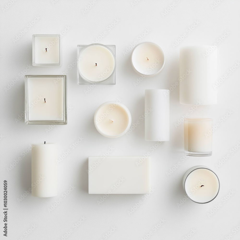 Assortment of white candles in various shapes and sizes, creating serene and calming atmosphere. Perfect for home decor or relaxation Assortment of white candles in various shapes and sizes, creating serene and calming atmosphere. Perfect for home decor or relaxation