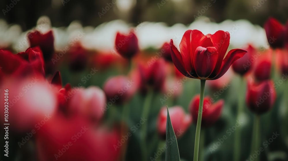 Obraz premium Bright Red Tulip Standing Out in Vibrant Field