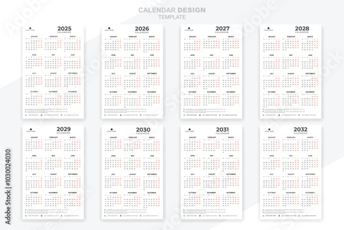 Spanish calendar set collection 2025, 2026, 2027, 2028, 2029, 2030 years creative template