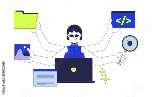 Full stack developer job 2D illustration concept. Frontend and backend engineer woman with multi hands cartoon character isolated on white. Coder programmer metaphor abstract flat vector graphic