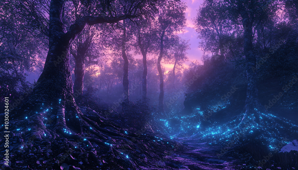 Fototapeta premium A dense forest at twilight, with tree roots and branches glowing faintly with a bioluminescent light