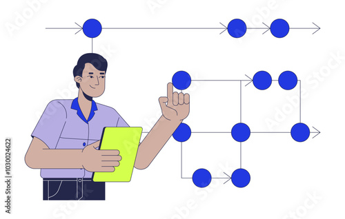 Backend developer roadmap 2D illustration concept. Programmer analyst indian man with clipboard cartoon character isolated on white. Software engineering scheme metaphor abstract flat vector graphic