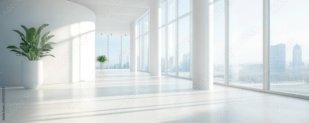 Fototapeta premium Bright office environment with large windows, white walls, and modern plants creating serene atmosphere. natural light enhances spacious feel of area