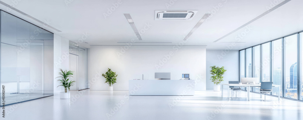 modern office space featuring clean white ceiling, large windows, and minimalistic furniture. bright environment is enhanced by greenery, creating refreshing atmosphere modern office space featuring clean white ceiling, large windows, and minimalistic furniture. bright environment is enhanced by greenery, creating refreshing atmosphere