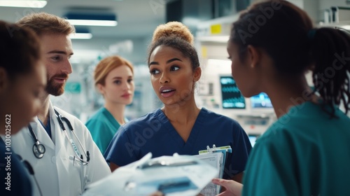 Team of nurses and doctors discussing patient care in a busy hospital setting with focused expressions and teamwork.