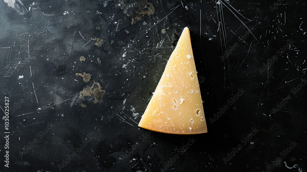 Firm Pecorino Romano cheese slice, smooth interior, sharp overhead light casting dramatic shadows.