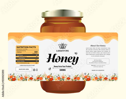 Elegant honey label with nutrition facts, floral accents, and minimalist design, perfect for premium product packaging.
