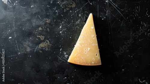 Obraz na płótnie Firm Pecorino Romano cheese slice, smooth interior, sharp overhead light casting dramatic shadows. w salonie