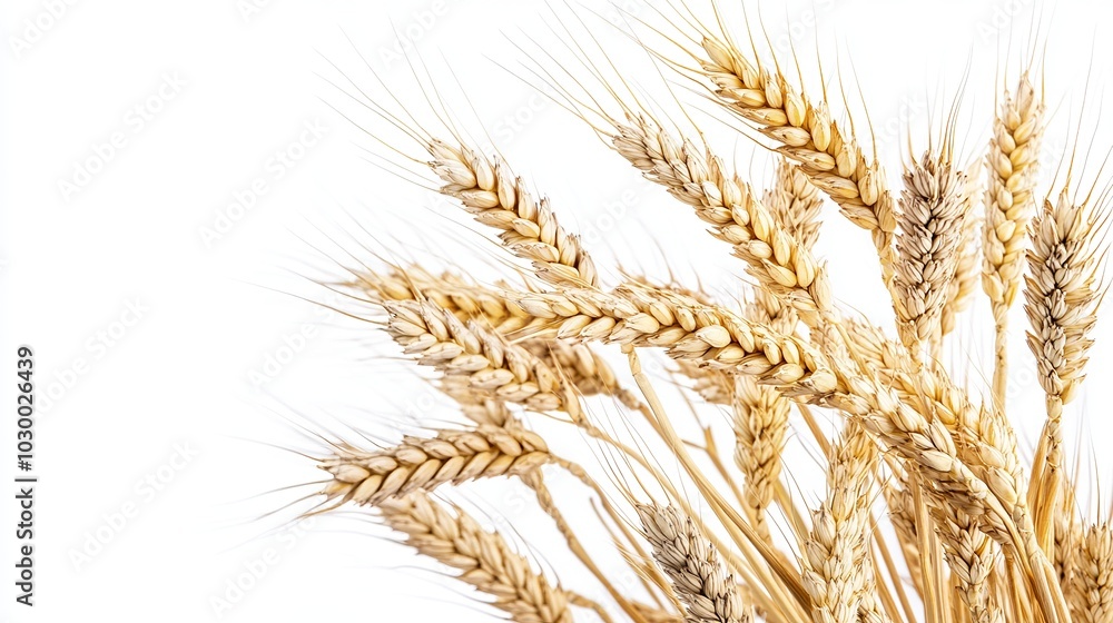 Isolated wheat ears on a white background, perfect for package design. A clipping path is included for easy editing, providing full depth of field. 
