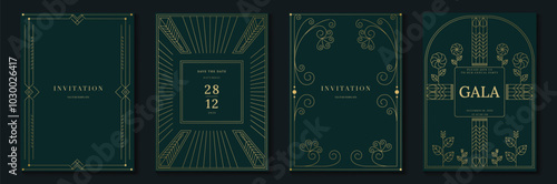 Luxury gold invitation card design vector. Abstract geometry frame and Art deco pattern background. Use for wedding invitation, cover, VIP card, gala, print, poster and wallpaper. Vector illustration.