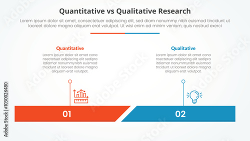 quantitative vs qualitative research data comparison opposite infographic concept for slide presentation with percentage horizontal bar with flat style