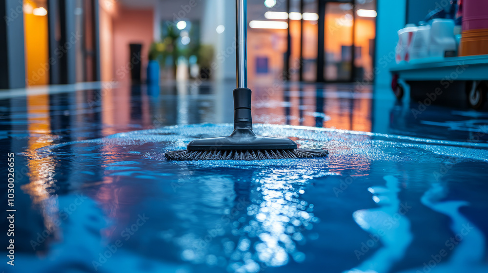 A close-up of mop mopping floor cleaning in office with cleaning cart and floor cleaning tools and equipment using mop cleaning from epoxy floor A close-up of mop mopping floor cleaning in office with cleaning cart and floor cleaning tools and equipment using mop cleaning from epoxy floor