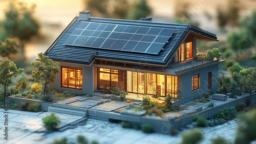 3D illustration of A solar panel project model placed on top of blueprints and architectural drawings, showcasing the design process in solar panel project construction