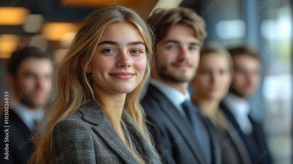 A group of young professionals in business attire stand in a row with one woman looking directly at the camera with a smile. A group of young professionals in business attire stand in a row with one woman looking directly at the camera with a smile.