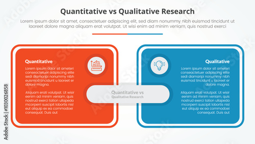 quantitative vs qualitative research data comparison opposite infographic concept for slide presentation with big box table outline with flat style