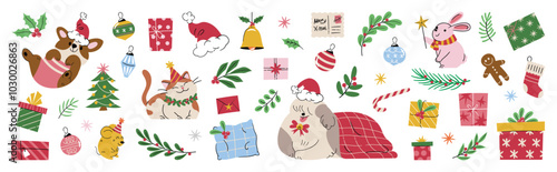 Set of decorative christmas element vector illustration. Collection of christmas tree, bauble ball, dog, cat, rabbit, rat, gift, leaves. Design for sticker, card, poster, invitation, greeting.