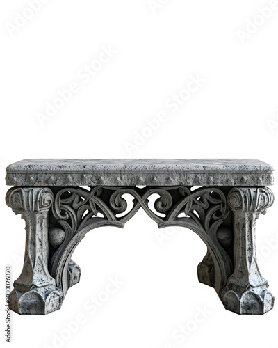 A Roman Gothicstyle stone bench with decorative, spiked legs and intricate details