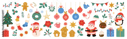 Set of decorative christmas element vector illustration. Collection of christmas tree, reindeer, bauble ball, socks, present, snowman, penguin. Design for sticker, card, poster, invitation, greeting.