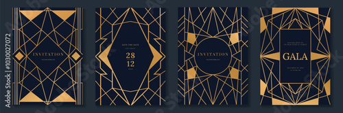 Luxury gold invitation card design vector. Abstract geometry frame and Art deco pattern background. Use for wedding invitation, cover, VIP card, gala, print, poster and wallpaper. Vector illustration.