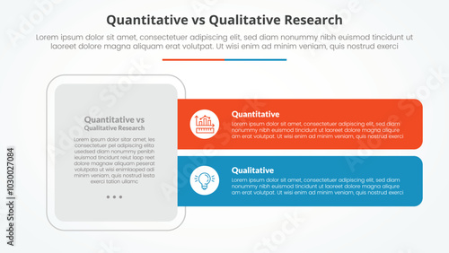 quantitative vs qualitative research data comparison opposite infographic concept for slide presentation with big box and long rectangle shape with flat style