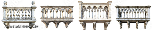 A stone Roman Gothicstyle balcony railing with pointed arches and detailed carvings