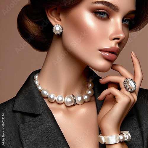 portrait of a woman of culture,  with a mother of pearl jewelry, earrings, necklace, ring, bracelet. photo