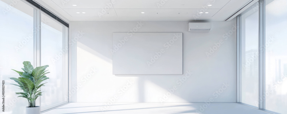 bright and modern training room featuring large windows, white ceiling, and blank wall ideal for presentations. space is enhanced by green plant, creating fresh atmosphere bright and modern training room featuring large windows, white ceiling, and blank wall ideal for presentations. space is enhanced by green plant, creating fresh atmosphere