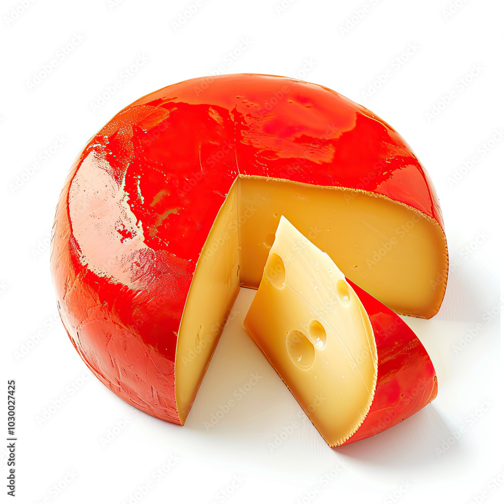 Edam Cheese Wheel with Red Wax Coating and Cut Wedge Showing Pale Yellow Interior