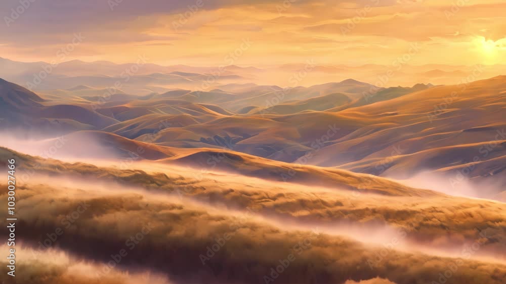 A painting depicting the warm glow of sunset over rolling hills, with the last rays of light illuminating the landscape, The last rays of light casting a warm glow over the landscape A painting depicting the warm glow of sunset over rolling hills, with the last rays of light illuminating the landscape, The last rays of light casting a warm glow over the landscape