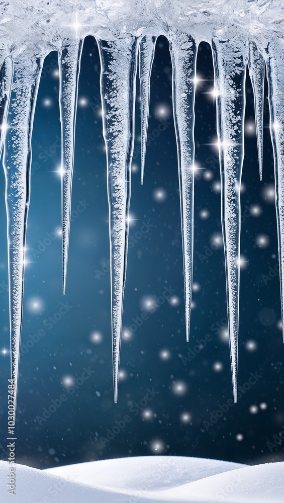 Shimmering icicles with snowy backdrop and stars background for invitation or card screensaver Shimmering icicles with snowy backdrop and stars background for invitation or card screensaver