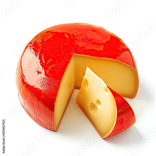 Obraz na płótnie Edam Cheese Wheel with Red Wax Coating and Cut Wedge Showing Pale Yellow Interior w salonie